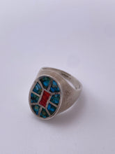 Load image into Gallery viewer, Native American Sterling Ring with Turquoise and Coral Inlay