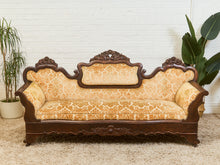 Load image into Gallery viewer, Edwardian Solid Walnut Frame Victorian Damask Gold Sofa