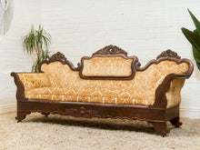 Load image into Gallery viewer, Edwardian Solid Walnut Frame Victorian Damask Gold Sofa