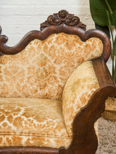Load image into Gallery viewer, Edwardian Solid Walnut Frame Victorian Damask Gold Sofa