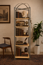 Load image into Gallery viewer, Tall vintage metal and light wood étagère with five open shelves and sculptural arched canopy top.