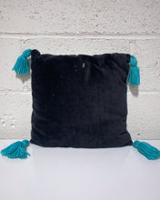 Load image into Gallery viewer, Vintage Turquoise and Black Woven Pillow with Tassels