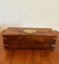 Load image into Gallery viewer, Antique Brass Inlaid Wooden Chest Dark Walnut With Brass Detail Storage Box