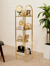 Load image into Gallery viewer, Vintage brass étagère with three glass shelves and tall double-arched frame.