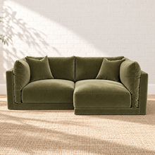 Load image into Gallery viewer, Image 1 of 4: Hansel two-piece modular sectional sofa in Amici Moss, right-facing configuration with RAF cuddle chaise and LAF chair, handmade by Sunbeam Vintage