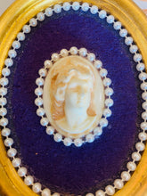 Load image into Gallery viewer, Antique Cameo Portrait in Gilded Oval Frame with Velvet and Pearl Trim