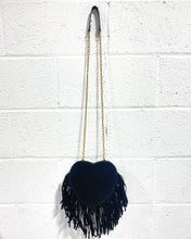 Load image into Gallery viewer, Faux Suede Black Heart Purse with Fringe
