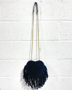 Faux Suede Black Heart Purse with Fringe