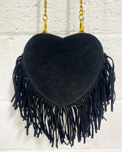 Load image into Gallery viewer, Faux Suede Black Heart Purse with Fringe
