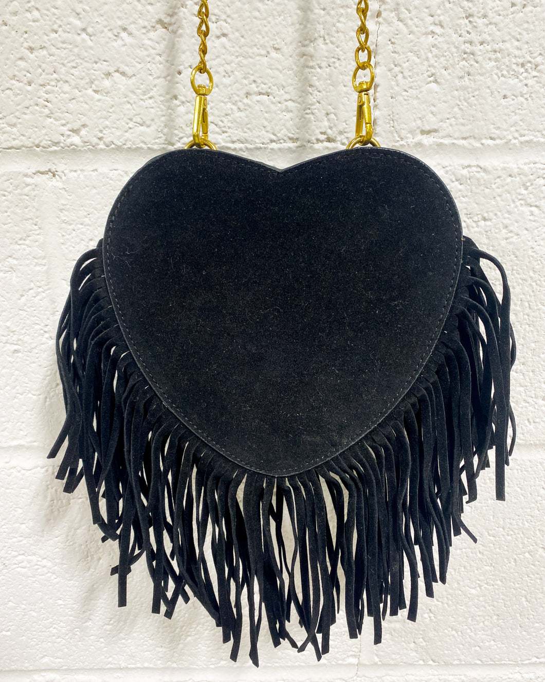 Faux Suede Black Heart Purse with Fringe