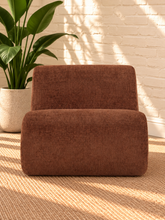 Load image into Gallery viewer, Image 2 of 5: Adele Lounge Chair in Cinnamon Clay polyester fabric with sculptural curved silhouette and natural wood frame