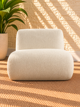 Load image into Gallery viewer, Image 2 of 5: Adele Lounge Chair in Vanilla Oat polyester fabric with sculptural curved form and natural wood frame