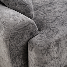 Load image into Gallery viewer, Aela curved sectional sofa upholstered in textured ash grey fabric with rounded corners, square arms, tight back, and five toss pillows.