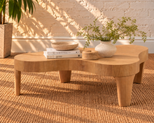 Load image into Gallery viewer, Alani solid oak coffee table in a natural oak finish with an abstract freeform tabletop, rounded edges, and tapered wood legs.