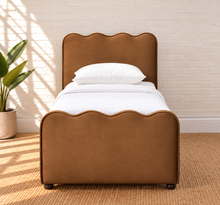 Load image into Gallery viewer, Albie Twin Trundle Bed in Toasted Cognac mohair velvet with scalloped headboard and footboard