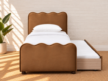 Load image into Gallery viewer, Albie Twin Trundle Bed in Toasted Cognac mohair velvet with scalloped headboard and footboard