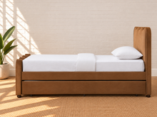 Load image into Gallery viewer, Albie Twin Trundle Bed in Toasted Cognac mohair velvet with scalloped headboard and footboard