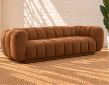 Load image into Gallery viewer, Amanda Sofa in terracotta chenille with rounded upholstered arms, channel-style back cushions and a low contemporary profile.