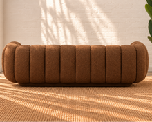 Load image into Gallery viewer, Amanda Sofa in terracotta chenille with rounded upholstered arms, channel-style back cushions and a low contemporary profile.