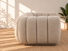 Load image into Gallery viewer, Image 4 of 4: Amanda upholstered sofa in Soft Biscuit chenille with rounded arms and vertical channel detailing