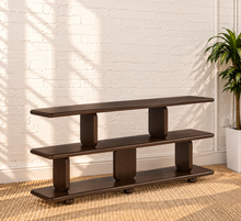 Load image into Gallery viewer, Arden sculptural espresso wood display bookshelf with tiered open shelves, rounded edges and offset vertical supports