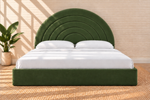 Load image into Gallery viewer, Astrid King-size bed in Olive Green performance velvet with sculptural arched headboard and streamlined plinth base.