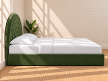 Load image into Gallery viewer, Astrid King-size bed in Olive Green performance velvet with sculptural arched headboard and streamlined plinth base.