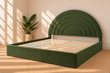 Load image into Gallery viewer, Astrid King-size bed in Olive Green performance velvet with sculptural arched headboard and streamlined plinth base.