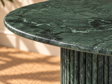 Load image into Gallery viewer, Atley oval dining table in Forest Green Verde genuine marble with two fluted cylindrical marble bases and natural stone veining.