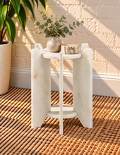 Load image into Gallery viewer, Avila marble side table in Arctic Pearl with round white marble tops and sculptural geometric base