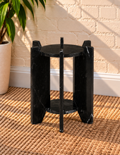 Load image into Gallery viewer, Avila marble side table in Noir Veil with round black marble tops and sculptural geometric supports