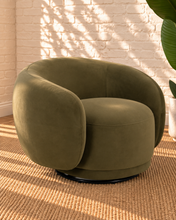 Load image into Gallery viewer, Axel olive green upholstered swivel accent chair with rounded arms, curved wraparound back and concealed black swivel base.