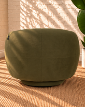 Load image into Gallery viewer, Axel olive green upholstered swivel accent chair with rounded arms, curved wraparound back and concealed black swivel base.
