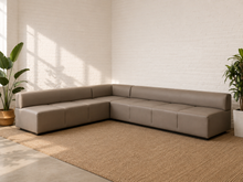Load image into Gallery viewer, Vintage Steelcase modular L-shaped sectional seating in taupe upholstery with low-profile geometric seats and continuous padded backrests.
