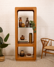 Load image into Gallery viewer, Image 1 of 18: Vintage tall wood display cabinet with rounded architectural cutouts, glass shelf, and warm natural oak finish