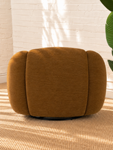 Load image into Gallery viewer, Bellamy camel brown upholstered swivel accent chair with layered rounded arms, tight back and black metal swivel base.