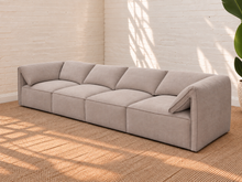 Load image into Gallery viewer, Blaire four piece modular sectional sofa upholstered in cloud gray fabric with four seat cushions, loose back cushions, and softly draped side cushions.