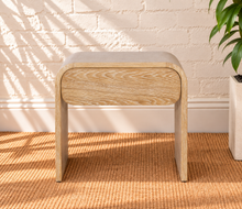 Load image into Gallery viewer, Blaise Blonde Oak nightstand in solid white oak with curved design, integrated drawer, and cerused brushed wood grain.