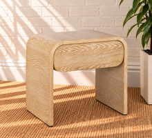 Load image into Gallery viewer, Blaise Blonde Oak nightstand in solid white oak with curved design, integrated drawer, and cerused brushed wood grain.