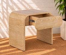Load image into Gallery viewer, Blaise Blonde Oak nightstand in solid white oak with curved design, integrated drawer, and cerused brushed wood grain.