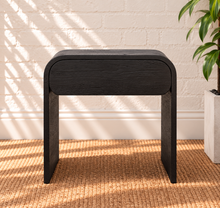 Load image into Gallery viewer, Blaise Charcoal nightstand in solid black oak with curved design and integrated drawer.