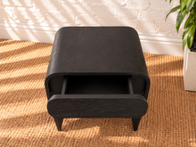 Load image into Gallery viewer, Blaise Charcoal nightstand in solid black oak with curved design and integrated drawer.