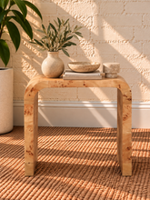 Load image into Gallery viewer, Blaise sculptural side table in natural Ash Burl with curved Art Deco-inspired frame