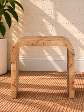 Load image into Gallery viewer, Blaise sculptural side table in natural Ash Burl with curved Art Deco-inspired frame