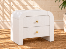 Load image into Gallery viewer, Blanca 2-drawer ash wood nightstand in Arctic White with curved frame and fluted drawer fronts.