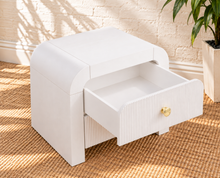 Load image into Gallery viewer, Blanca 2-drawer ash wood nightstand in Arctic White with curved frame and fluted drawer fronts.