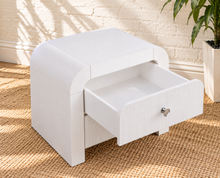 Load image into Gallery viewer, Blanca 2-drawer ash wood nightstand in Arctic White with curved frame and fluted drawer fronts.