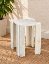 Load image into Gallery viewer, Blythe marble side table in Arctic Pearl with sculptural geometric base and genuine pearl white marble