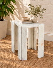 Load image into Gallery viewer, Blythe marble side table in Arctic Pearl with sculptural geometric base and genuine pearl white marble