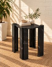 Load image into Gallery viewer, Blythe marble side table in Noir Veil with genuine black marble and sculptural geometric legs